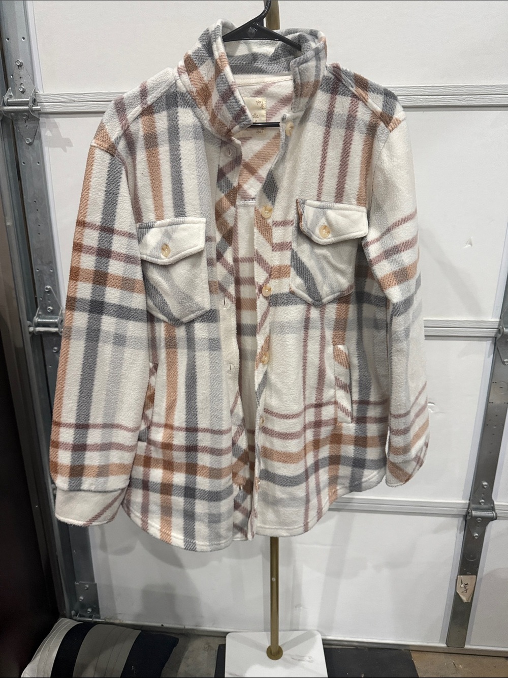 Altar'd State Plaid Button-Front Shacket in Cream, Brown & Gray